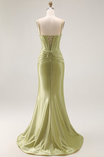 Green Mermiad Satin Corset Prom Dress with Rhinestones